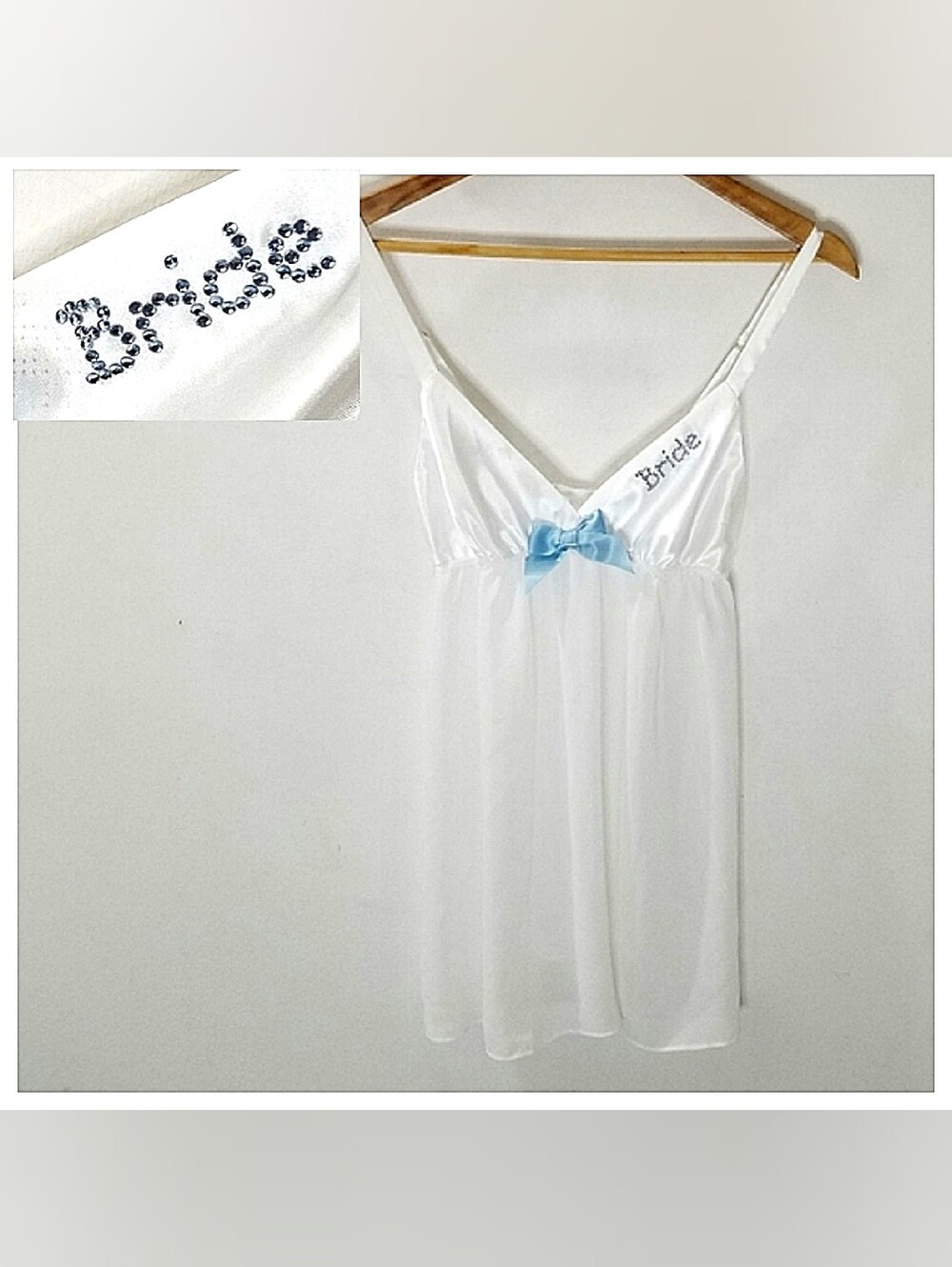 FLORA Flora Nikrooz Satin & Chiffon "Bride" Chemise White/Blue Rhinestones Small